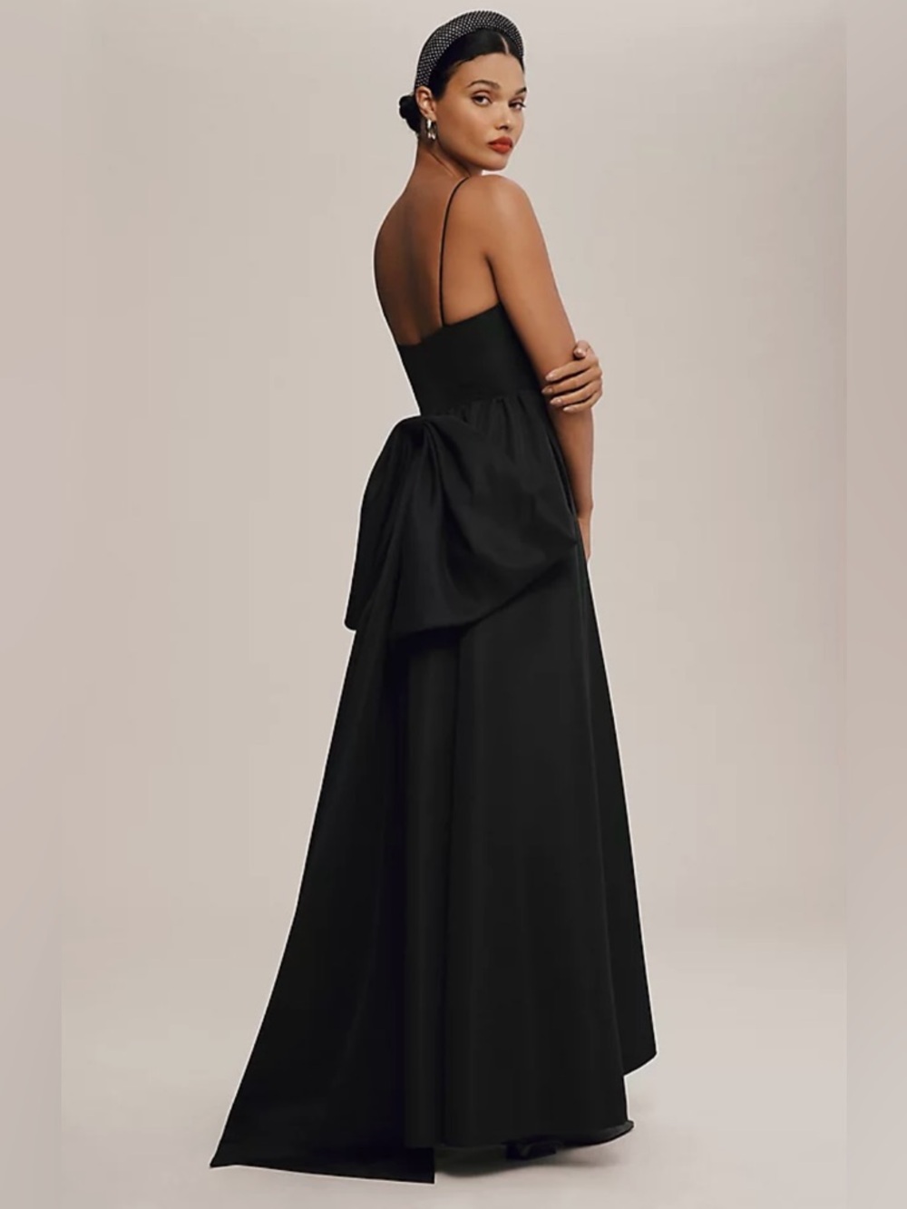 Sachin + Babi Black Spaghetti-Strap Maxi Gown with Sculpted Back Bow